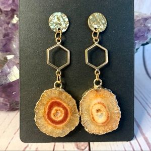 Orange Solar Quartz Druzy Hexagon Geometric Gold Earrings